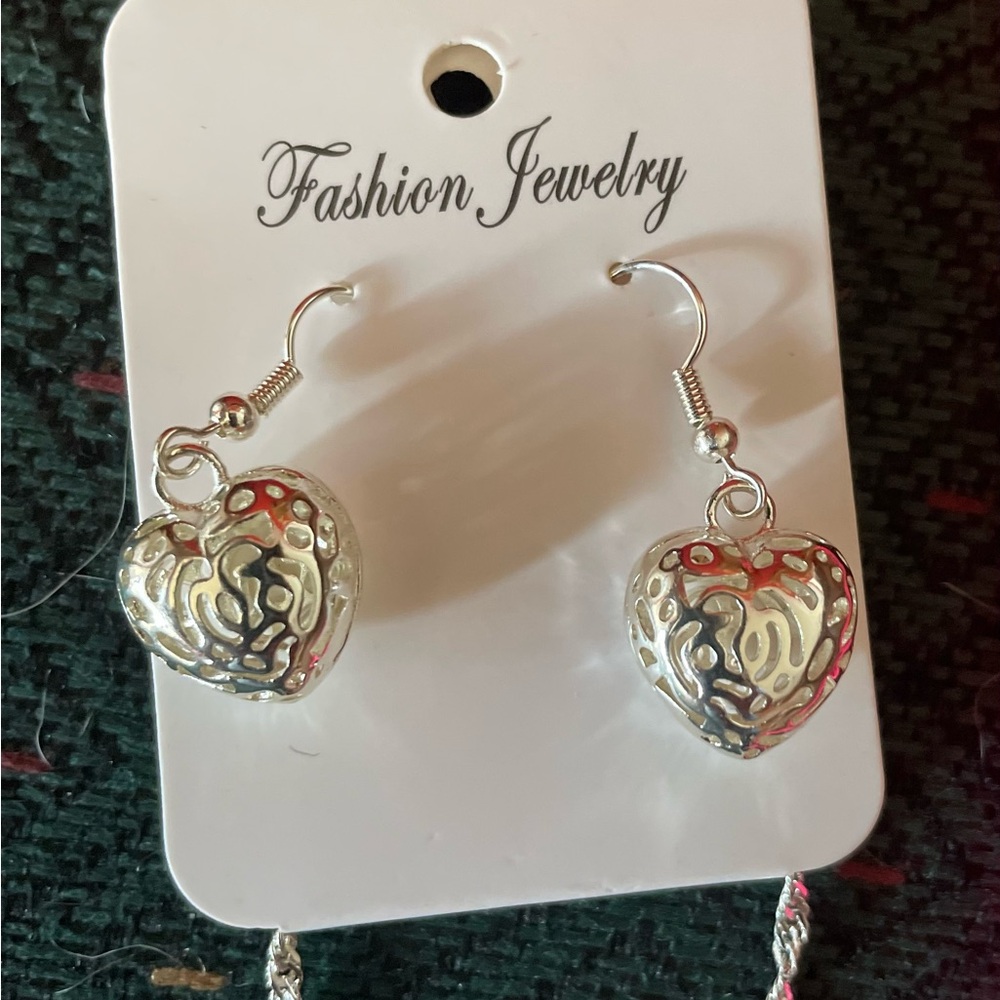 Silver Puff Heart Necklace and Earrings - Picture 3 of 6